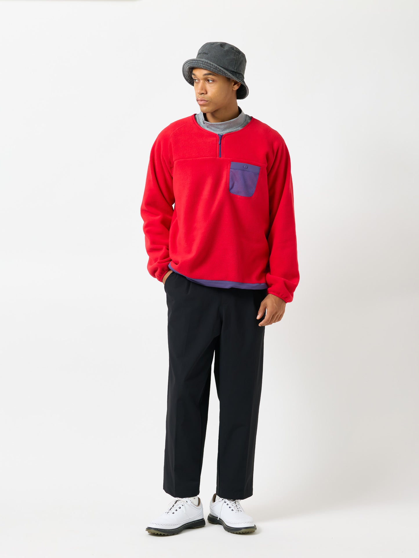 レトロ配色 長袖ハーフジップフリース